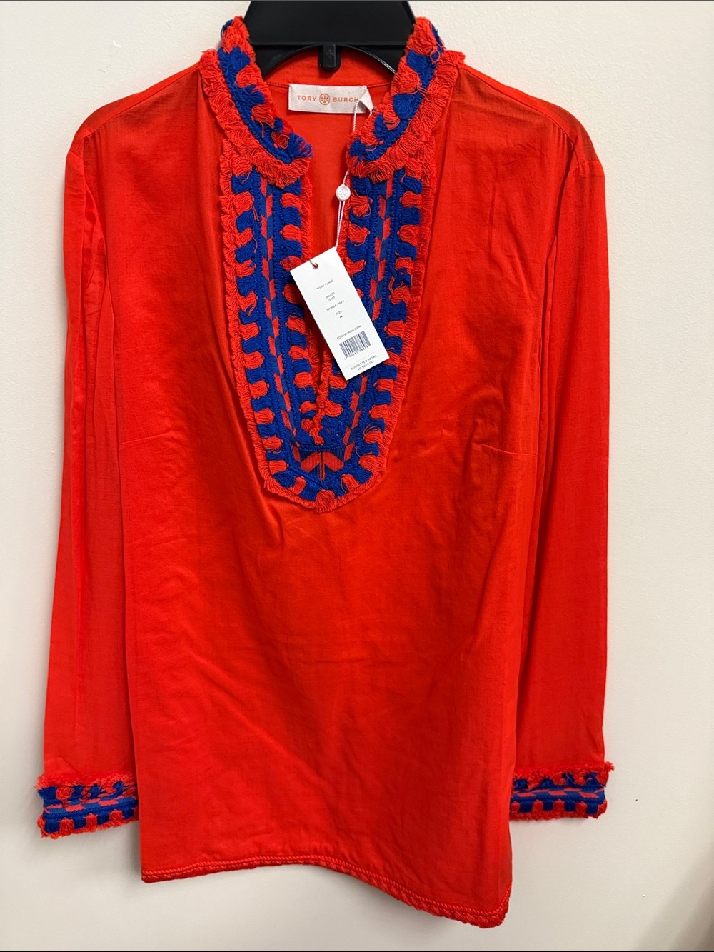 Tory Burch Red Tunic with Blue Embroidered Placket